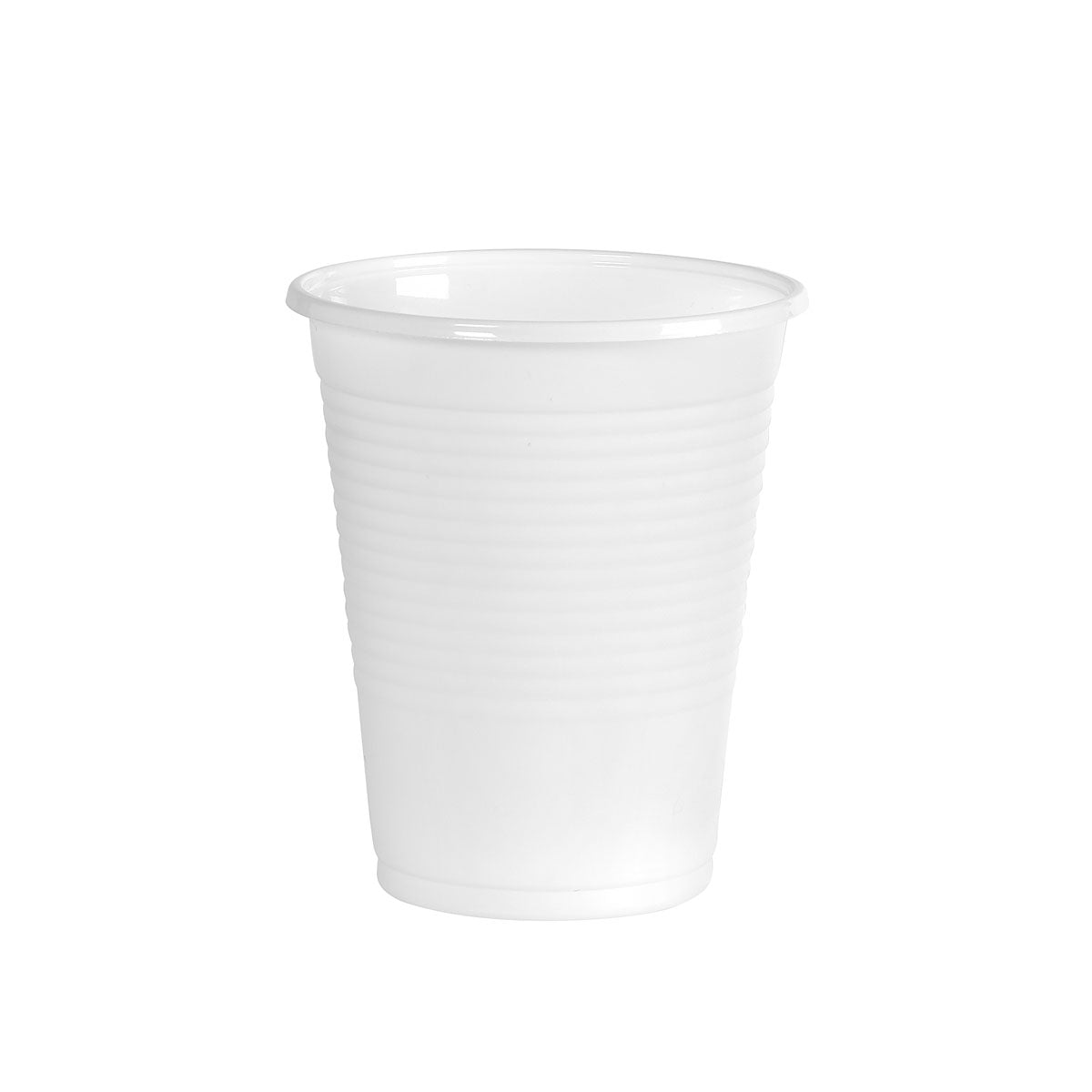 Un bicchiere in plastica Duni GmbH, 210ml bianco, con bordo leggermente svasato e scanalature orizzontali, si erge in piedi su uno sfondo bianco. Perfetto come bicchiere per eventi o per l'uso quotidiano. Confezione: 100 pezzi.
