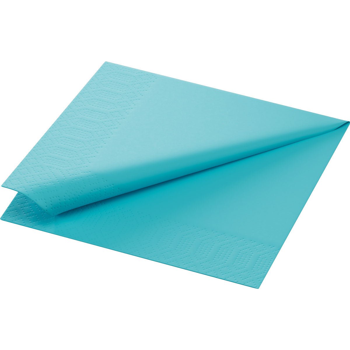 Un tovagliolo di carta Duni GmbH Zellt.Serv.33x33 3lg. 1/4 di colore menta blu (confezione, 50 pezzi) viene piegato diagonalmente per mostrare i motivi del bordo in rilievo e la struttura centrale liscia.
