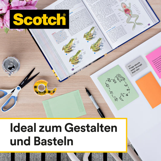Eine Tischplatte mit einem Wissenschaftsbuch, einer Schere, einem Stift, Blumen, Haftnotizen, farbigem Papier und einer Rolle Scotch® doppelseitiges Klebeband (12 mm x 22,8 m) von 3M Deutschland GmbH. Deutscher Text: "Ideal zum Gestalten und Basteln.