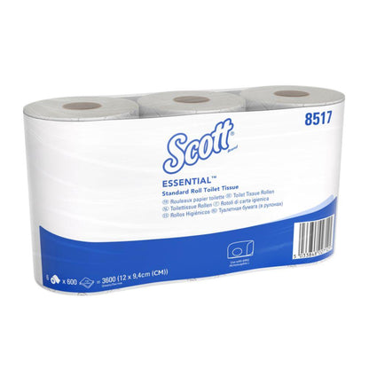 Carta igienica Scott® Essential™ 8517 di Kimberly-Clark GmbH: a 2 veli, 36 rotoli/21.600 fogli nella scatola (6 pacchetti), realizzata con fibre riciclate in confezione bianco-blu ecologicamente consapevole.