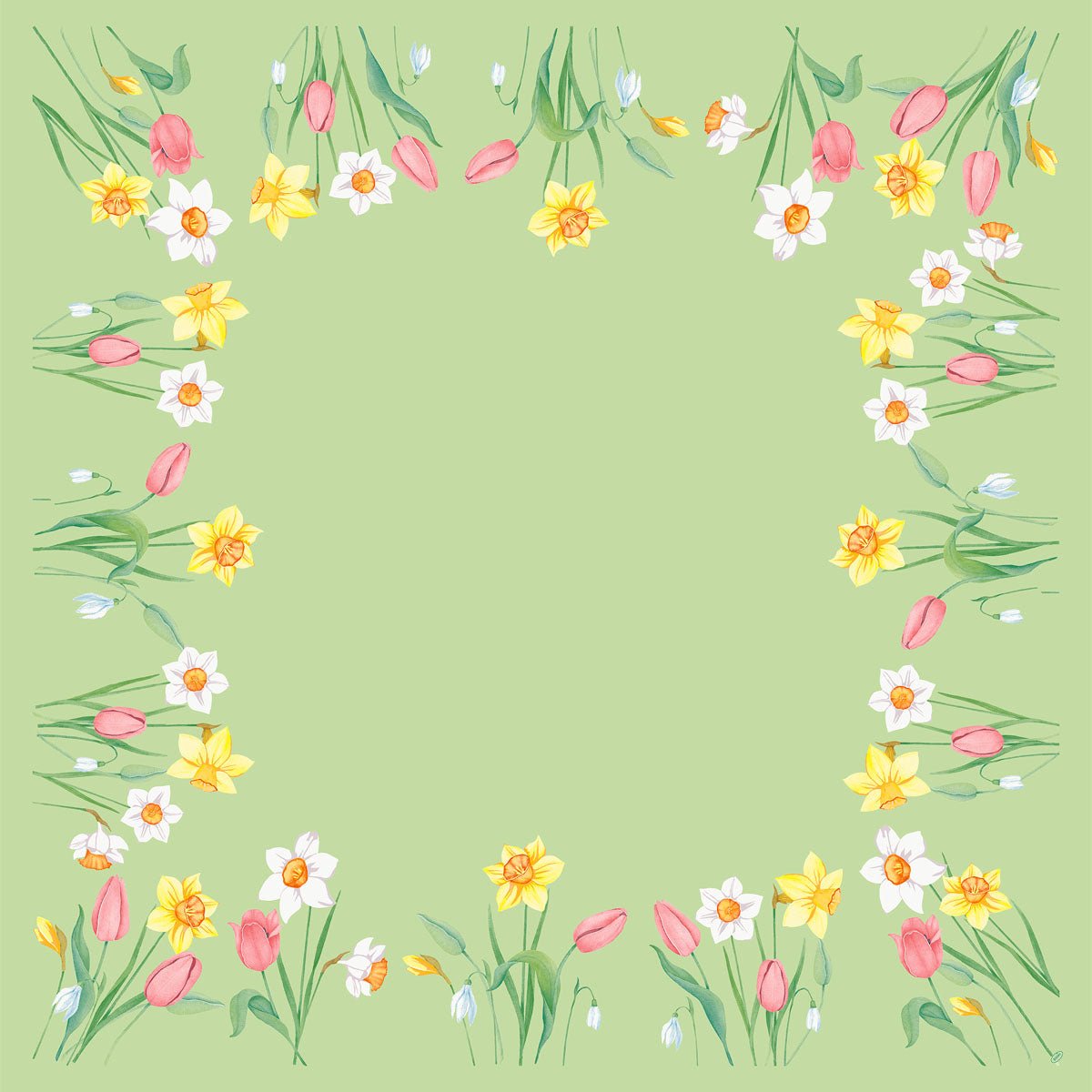 La tovaglia Dunisilk MD Spring Melody 84x84 cm di Duni GmbH presenta uno sfondo verde chiaro con un bordo di fiori ad acquerello, tra cui tulipani e narcisi - ideale per decorazioni eleganti per la tavola primaverile. Confezione da 20 pezzi.