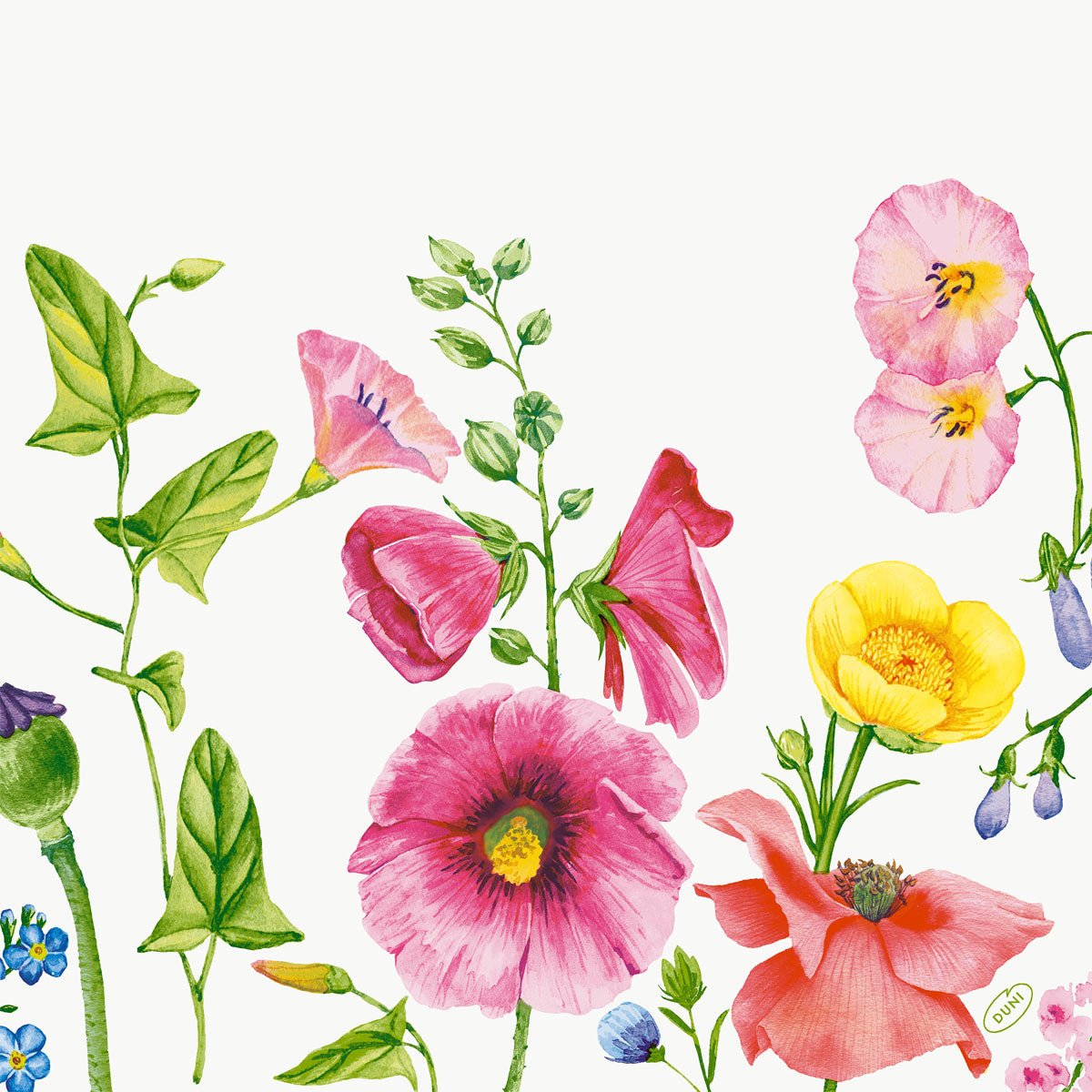 Fiori colorati come malvarose rosa e ranuncoli gialli con foglie verdi su sfondo bianco - ideale come motivo floreale di prato per tovaglioli Duni GmbH 40x40 cm a 4 strati Classico Flowy Meadow Tovaglioli di carta (50 pezzi).