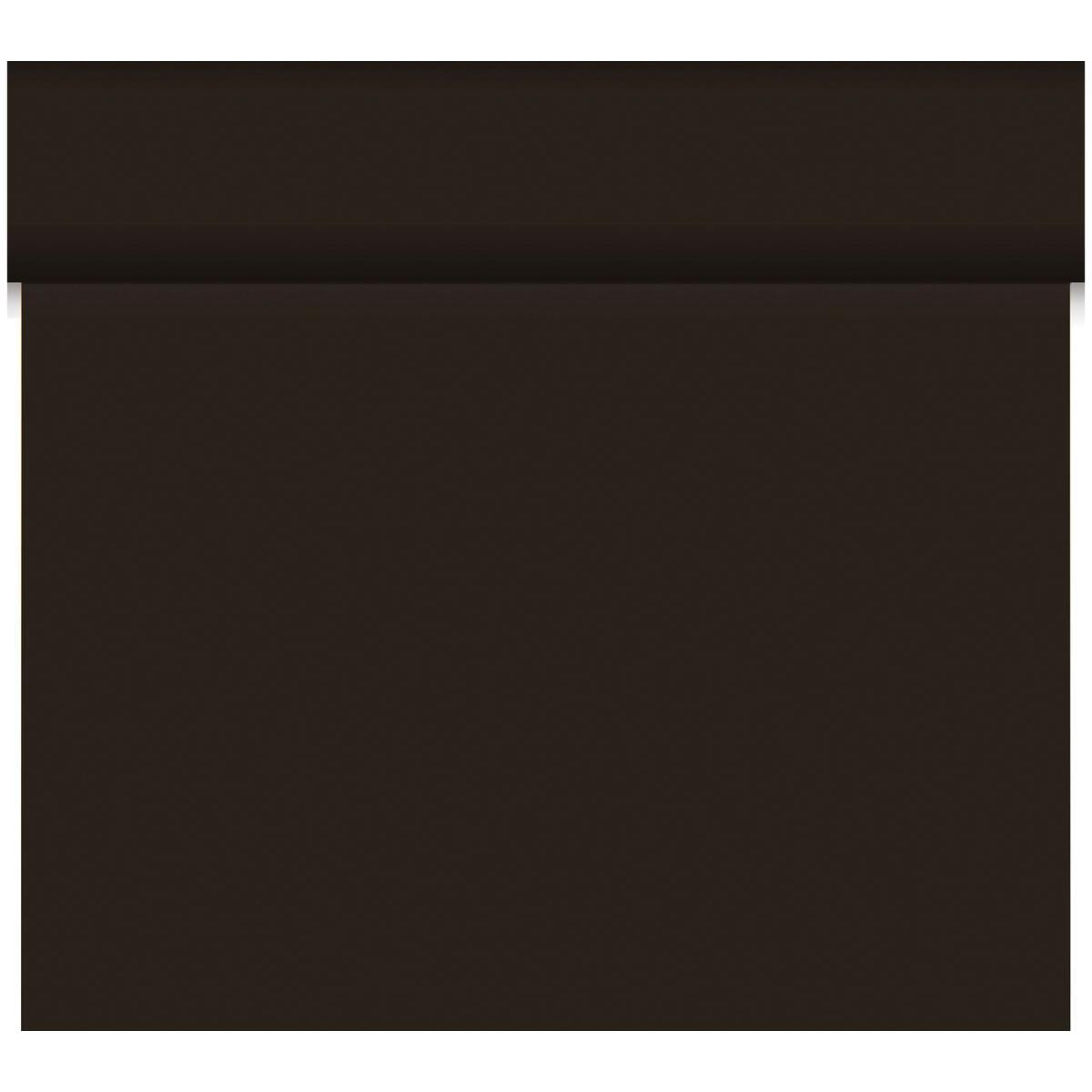 Das Duni GmbH Bio-DC-Tete a Tete 0,4x24m ist ein solides dunkelbraunes Rechteck aus biologisch abbaubarem Material, mit einem subtilen horizontalen Schatten oder einer Falte in der Nähe der oberen Kante, dargestellt auf einem weißen Hintergrund.