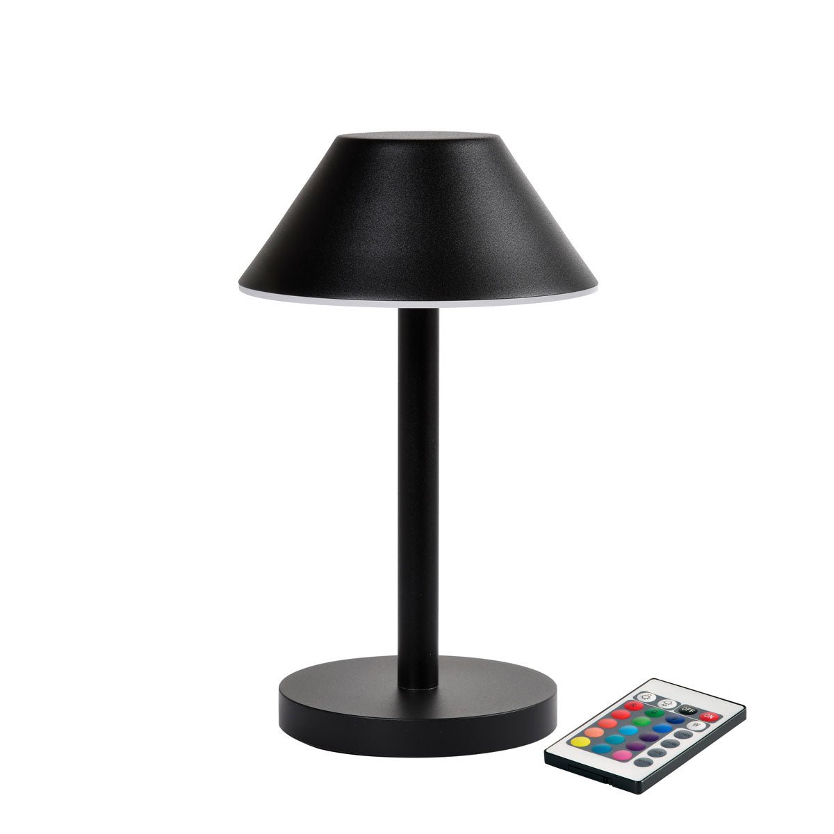La lampada LED Zelda Midi di Duni GmbH in moderno design grafite con base rotonda e paralume conico si trova accanto a un telecomando con pulsanti colorati - la soluzione di illuminazione ideale ed efficiente dal punto di vista energetico.