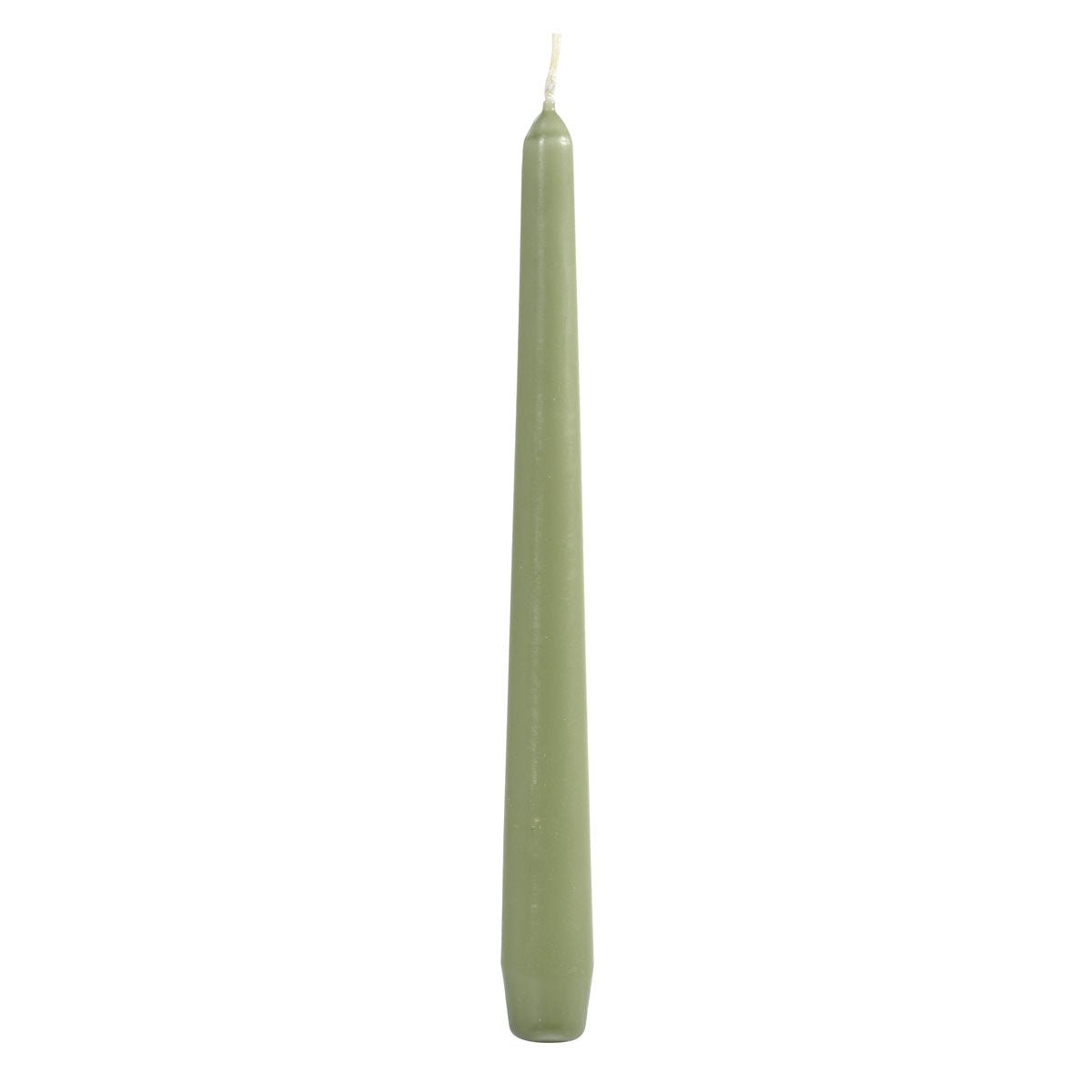 Una confezione di 50 candele 250x22 mm in verde pistacchio di Duni GmbH, ciascuna con una base leggermente più larga, è in piedi su uno sfondo bianco - perfetta per una decorazione da tavola elegante e per aggiungere un tocco di colore sottile a qualsiasi ambiente.