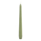 Una confezione di 50 candele 250x22 mm in verde pistacchio di Duni GmbH, ciascuna con una base leggermente più larga, è in piedi su uno sfondo bianco - perfetta per una decorazione da tavola elegante e per aggiungere un tocco di colore sottile a qualsiasi ambiente.