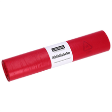 Eine Rolle der EMIL DEISS KG (GmbH + Co.) DEISS 21070 Müllsäcke, 700x1100 mm Typ 60 rot, Rolle mit 25 Stück und weißem Etikett mit "DEISS Abfallsäcke" und Recyclinginfo, liegt auf weißem Hintergrund.