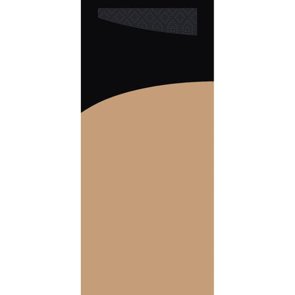 Un'illustrazione digitale mostra un grande semicerchio marrone chiaro, ispirato al SACCHETTO 190x85mm eco brown di Duni GmbH, che si sovrappone a uno sfondo nero. In alto a sinistra, un piccolo rettangolo grigio scuro angolato mostra un sottile motivo a rombi.