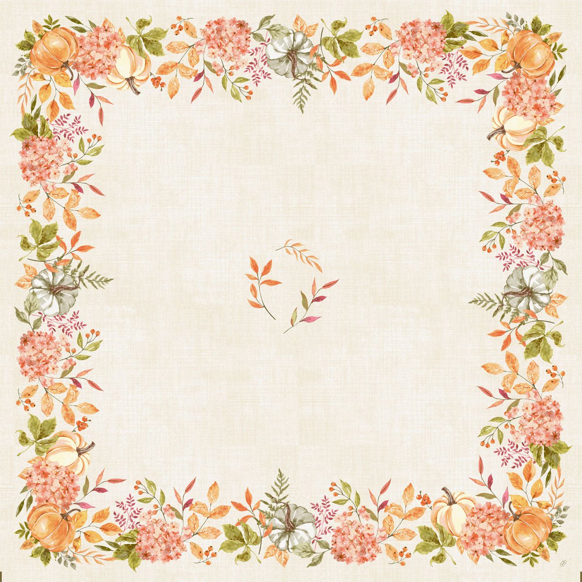 La tovaglia quadrata beige in Bio-Dunicel 84x84cm della Duni GmbH è decorata con un bordo floreale autunnale con accenti di zucca piccante in arancione, verde e crema - ideale per una decorazione della tavola sostenibile. Confezione: 20 pezzi.