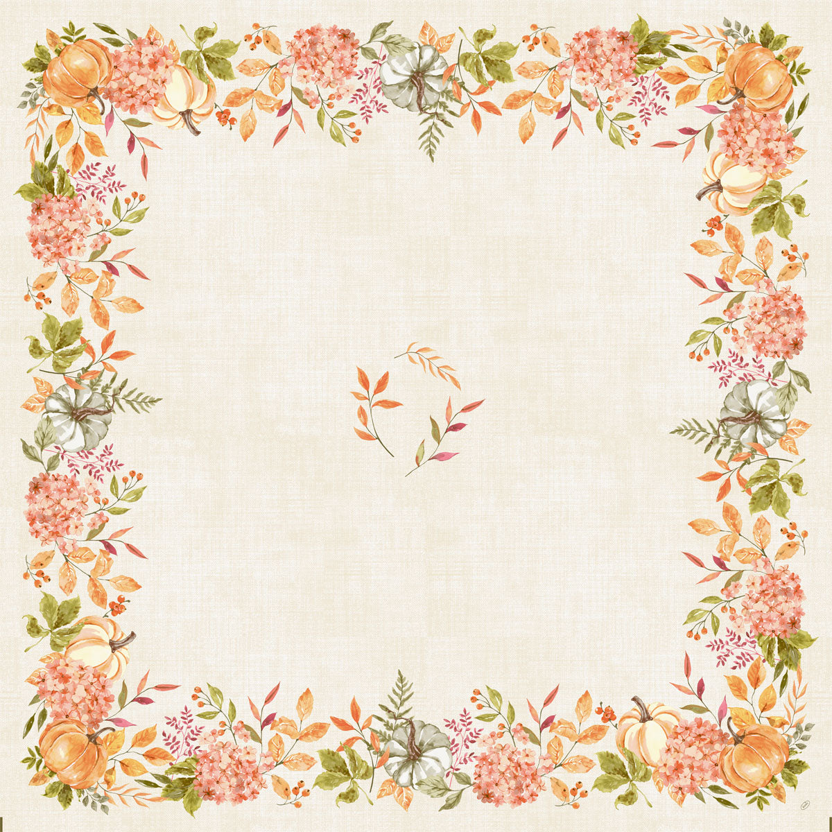 Die beigefarbene quadratische Bio-Dunicel-Mitteldecke 84x84cm der Duni GmbH ist mit einer herbstlichen Blumenbordüre mit Spicy Pumpkin-Akzenten in Orange, Grün und Creme verziert - ideal für eine nachhaltige Tischdekoration. Packung: 20 Stück.