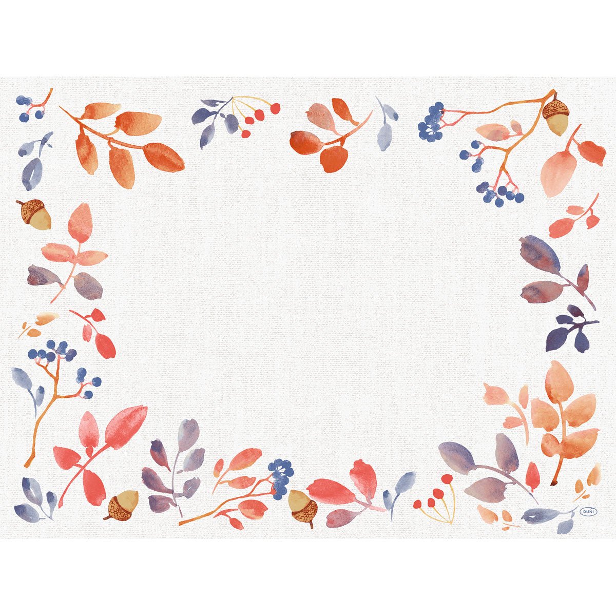Uno sfondo bianco rettangolare, incorniciato da foglie autunnali, bacche e ghiande in stile acquerello, costituisce il punto focale - ideale per i set Bio-Dunicel della Duni GmbH 30x40 Autumn Gradient (confezione da 100 pezzi). La zona centrale è lasciata libera.