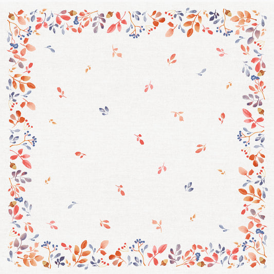 Ein weißer, quadratischer Hintergrund mit einer Umrandung aus aquarellierten Herbstblättern und Beeren schafft ein einfaches, symmetrisches Design - perfekt für die Herbst-Tischdekoration und wunderschön in Kombination mit der Duni GmbH Bio-Dunicel-Mitteldecke 84x84cm Autumn Gradient (20 Stück).