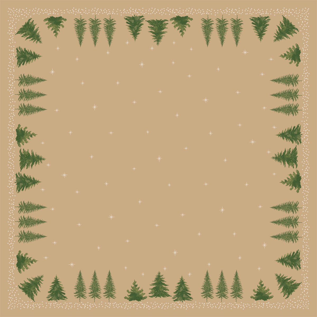 Un quadrato marrone chiaro con punti bianchi e stelle, circondato da abeti verdi, crea un aspetto festoso - ideale per la decorazione della tavola con la tovaglia centrale Bio-Dunicel 84x84cm "Humble Trees" di Duni GmbH (confezione: 20 pezzi, biodegradabile).
