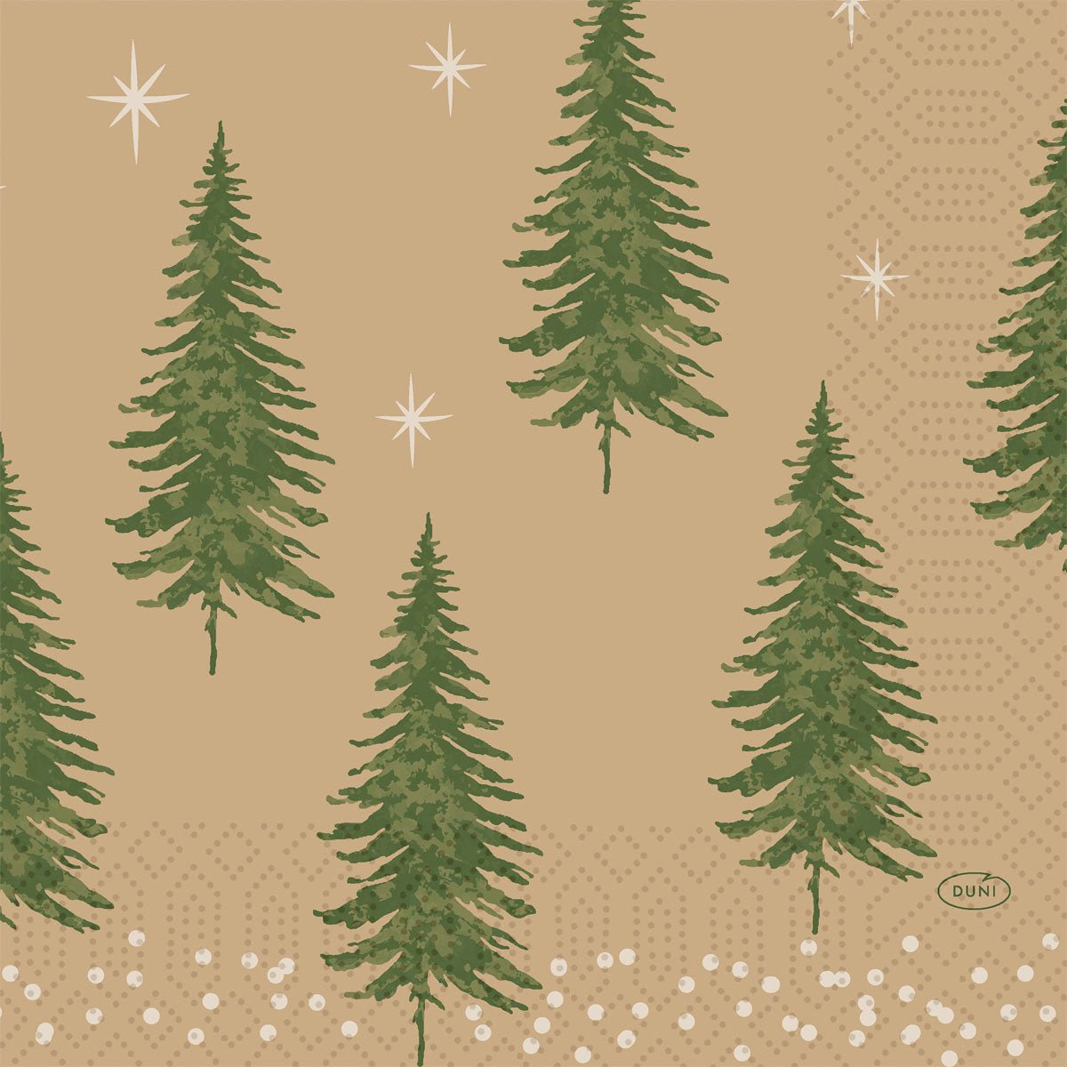 Un tovagliolo a 3 strati marrone chiaro (33x33cm) di Duni GmbH con alberi di abete verdi, stelle bianche e punti simili a neve - ideale come tovaglioli ecologici in carta riciclata. Confezione da 50 pezzi.