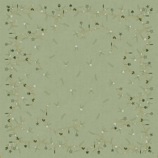 Die Bio-Dunicel Mitteldecke 84x84 cm Noel Pistachio von Duni GmbH hat ein hellgrünes, quadratisches Design mit goldenen und dunkelgrünen Ranken, weißen Blüten und Sternen - perfekt für eine festliche, umweltfreundliche Weihnachtstischdekoration. Packung: 20 Stück.