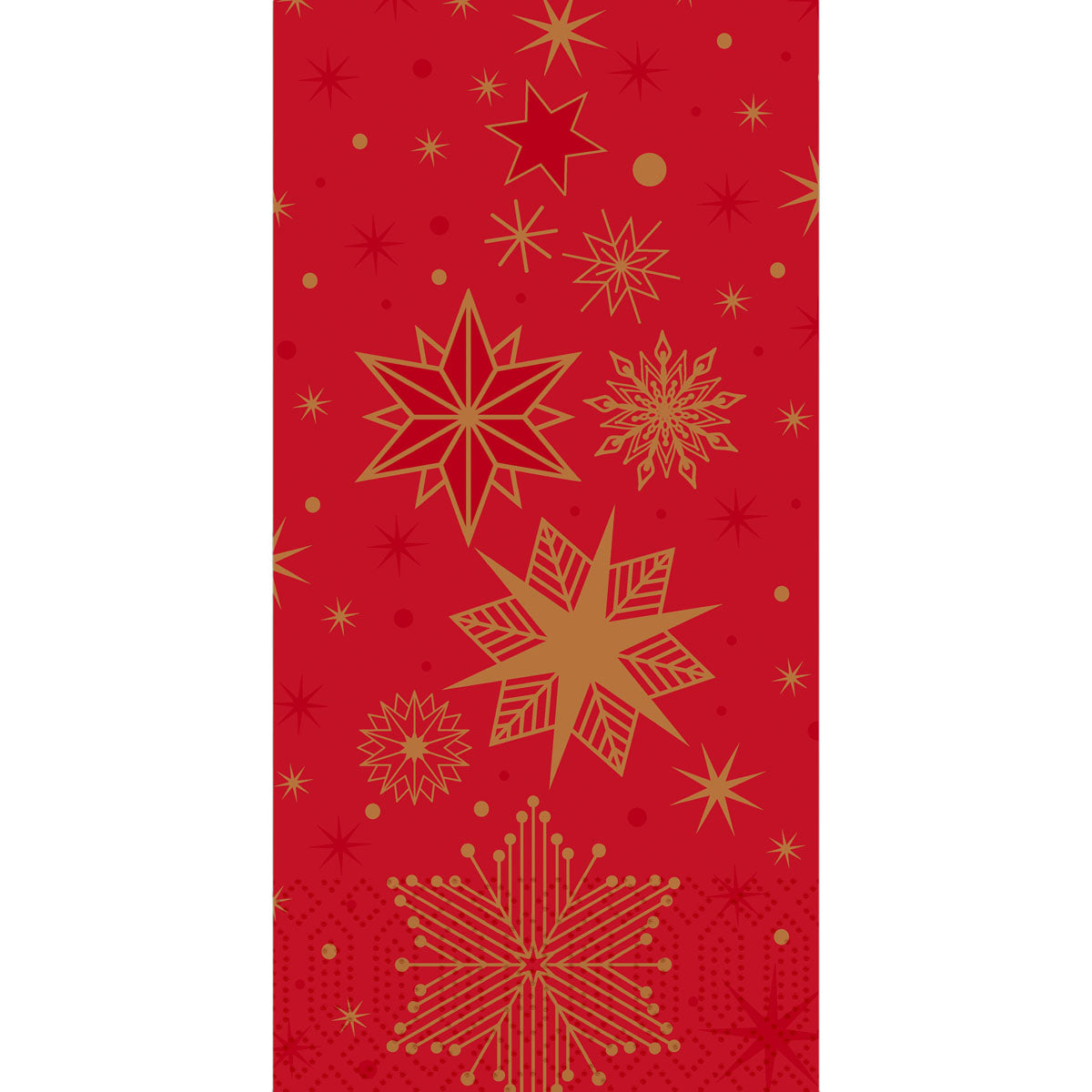 Die Duni Servietten 3-lagig, 40x40 cm in rot, "Stargazing" von Duni GmbH haben einen roten Hintergrund mit goldenen und hellroten Sternen und Schneeflocken in verschiedenen Größen und Designs. Die Packung enthält 250 Stück.