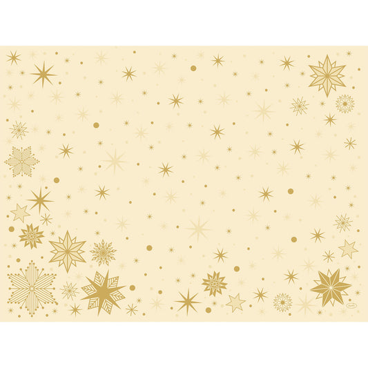 Die Bio-Dunicel-Sets 30x40 Stargazing cream der Duni GmbH haben einen beigen Hintergrund mit goldenen Schneeflocken und Sternen am Rand - ein festlicher, eleganter Look, perfekt für eine nachhaltige Tischdekoration. Packung mit 100 Stück, biologisch abbaubar.