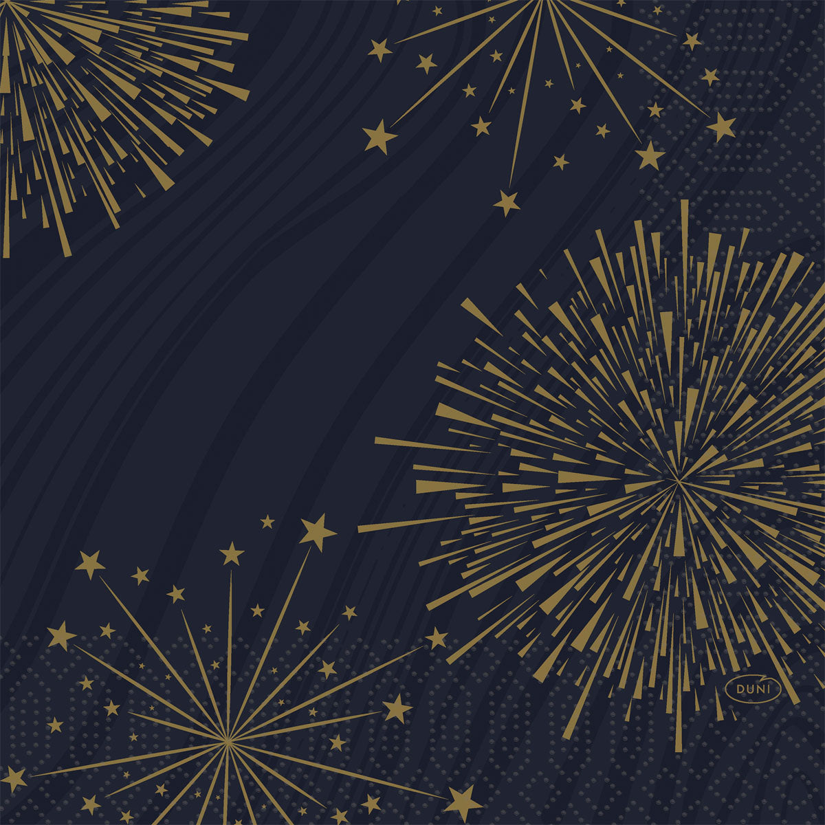 Ein dunkelblauer Hintergrund mit goldenem Feuerwerk und geometrischen Mustern verleiht jeder Feier Eleganz - ideal für Duni GmbH Servietten 33x33 3-lagig 1/4 Sparkly black, Packung (250 Stück).