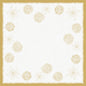 Die Bio-Dunicel-Mitteldecke 84x84cm Sparkly white von Duni GmbH hat einen quadratischen weißen Hintergrund mit einem strukturierten goldenen Rand und Sternenmustern an den Rändern sowie Wellenlinien in der Mitte - perfekt für eine umweltfreundliche Tischgestaltung. Packung (20 Stück).