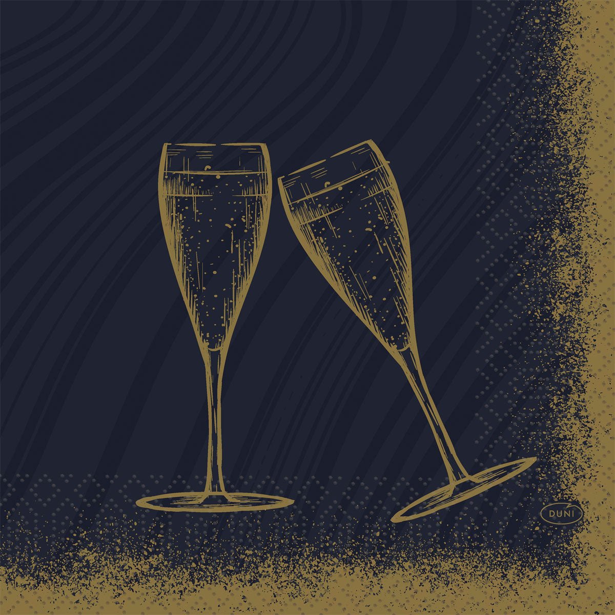 Due bicchieri di spumante con bordo dorato tintinnano su uno sfondo blu scuro punteggiato - un design elegante per tovaglioli Duni GmbH 33x33 3 strati 1/4 Sparkly Cheers nero, confezione (50 pezzi).