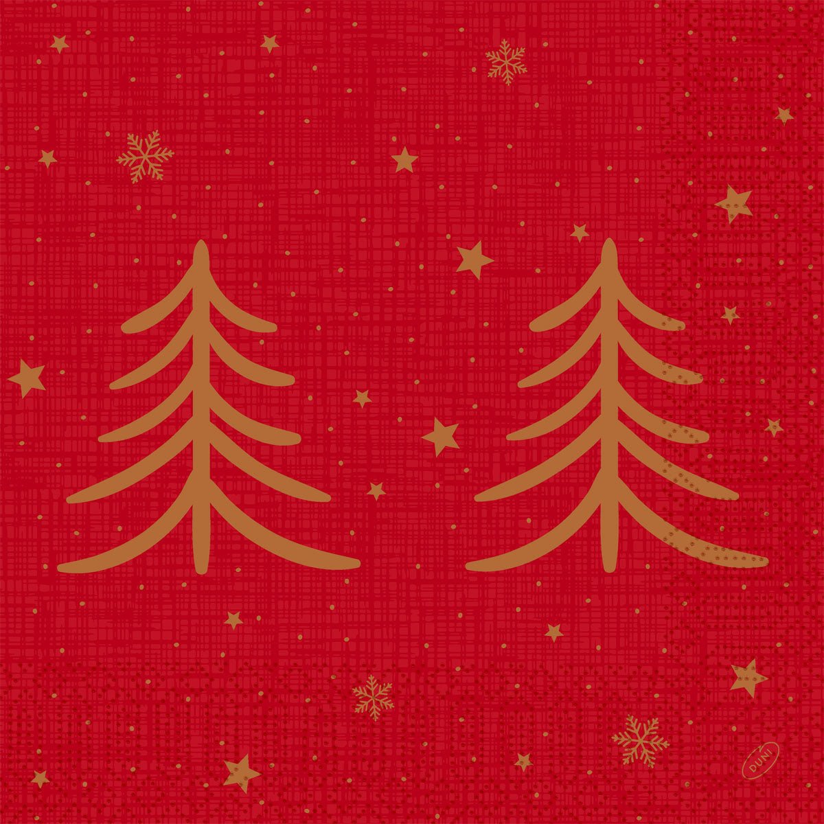 I tovaglioli 40x40 3 strati 1/4 Shimmer Trees (confezione, 250 pezzi) della Duni GmbH mostrano due alberi dorati scintillanti su uno sfondo rosso decorato con stelle dorate e fiocchi di neve - ideali per aggiungere eleganza a qualsiasi tavola festiva.