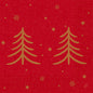 I tovaglioli 40x40 3 strati 1/4 Shimmer Trees (confezione, 250 pezzi) della Duni GmbH mostrano due alberi dorati scintillanti su uno sfondo rosso decorato con stelle dorate e fiocchi di neve - ideali per aggiungere eleganza a qualsiasi tavola festiva.