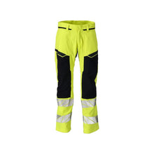Pantaloni con tasche al ginocchio, inserti elasticizzati. Pantaloni Multisafe, colore giallo/nero-blu alta visibilità