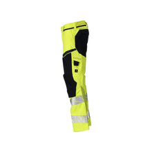 Pantaloni con tasche al ginocchio, inserti elasticizzati. Pantaloni Multisafe, colore giallo/nero-blu alta visibilità