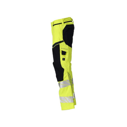 Pantaloni con tasche al ginocchio, inserti elasticizzati. Pantaloni Multisafe, colore giallo/nero-blu alta visibilità