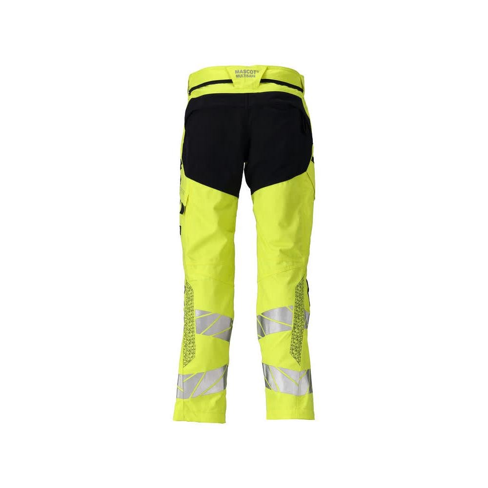 Pantaloni con tasche al ginocchio, inserti elasticizzati. Pantaloni Multisafe, colore giallo/nero-blu alta visibilità