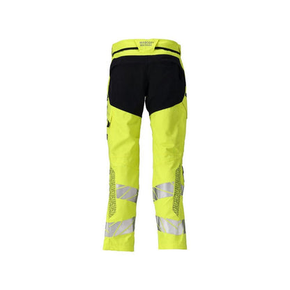 Pantaloni con tasche al ginocchio, inserti elasticizzati. Pantaloni Multisafe, colore giallo/nero-blu alta visibilità