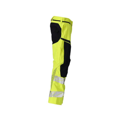 Pantaloni con tasche al ginocchio, inserti elasticizzati. Pantaloni Multisafe, colore giallo/nero-blu alta visibilità