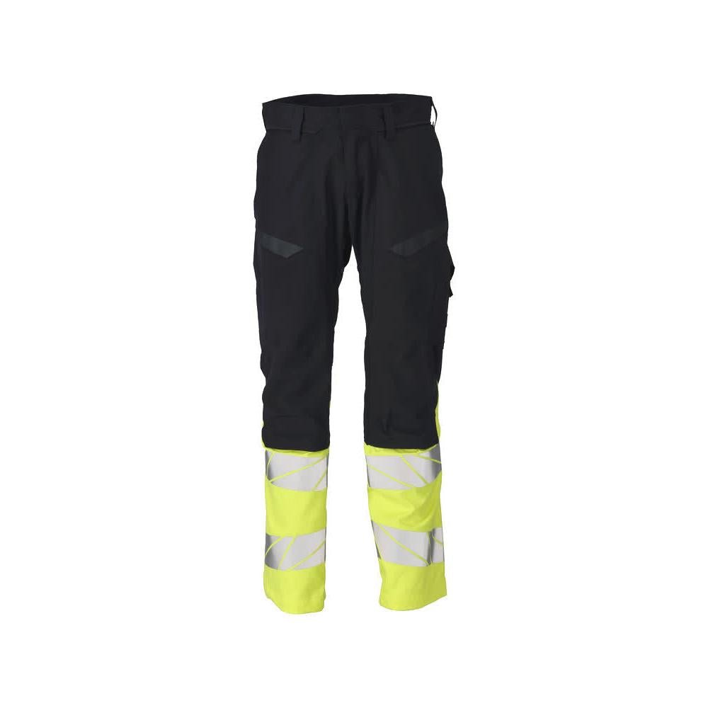 Pantaloni con tasche al ginocchio, inserti elasticizzati. Pantaloni Multisafe, nero blu/giallo alta visibilità