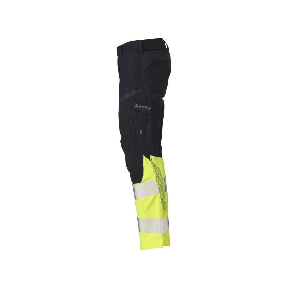 Pantaloni con tasche al ginocchio, inserti elasticizzati. Pantaloni Multisafe, nero blu/giallo alta visibilità