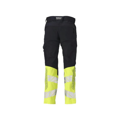 Pantaloni con tasche al ginocchio, inserti elasticizzati. Pantaloni Multisafe, nero blu/giallo alta visibilità