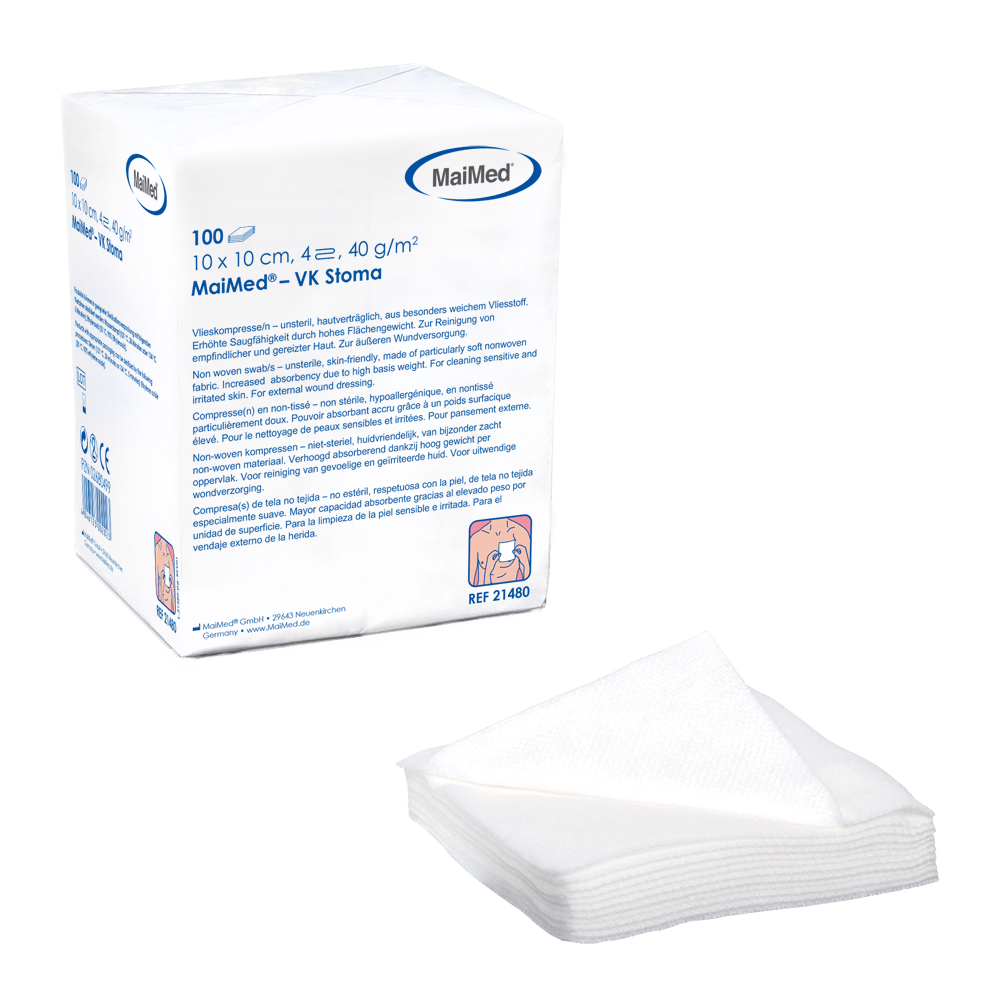 MaiMed-VK-Stoma-non sterile 10x10 cm 4 volte, compresse in pile da 40 g, 100 pezzi/sacchetto di carta | Confezione (100 pezzi)