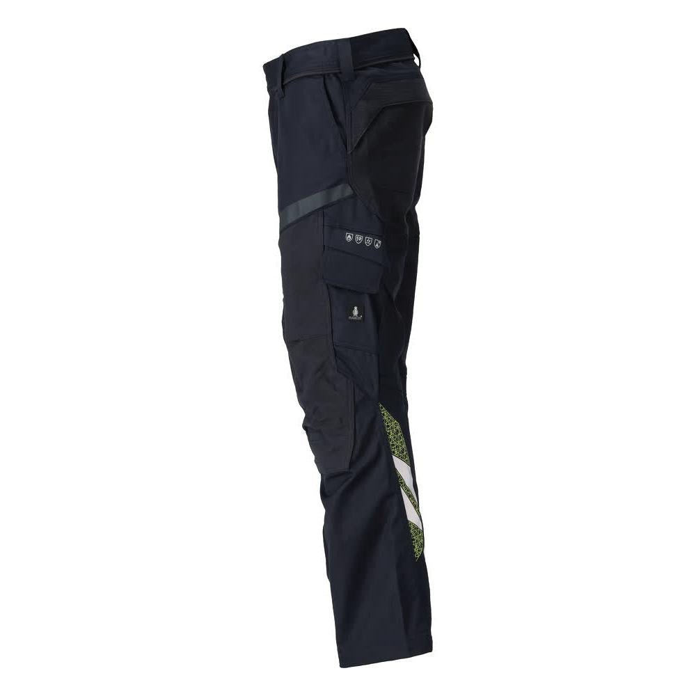 Pantaloni con tasche al ginocchio, inserti elasticizzati. Pantaloni Multisafe, nero blu/giallo alta visibilità