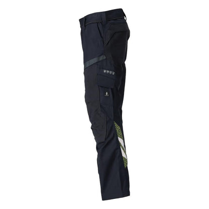 Pantaloni con tasche al ginocchio, inserti elasticizzati. Pantaloni Multisafe, nero blu/giallo alta visibilità