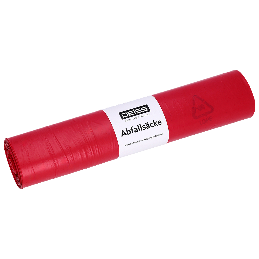 È raffigurato un sacco per rifiuti DEISS Tipo 60 (70 l, 575x1000 mm) in LDPE riciclato della EMIL DEISS KG (GmbH + Co.), in rosso con etichetta bianca "DEISS Abfallsäcke" e simbolo di riciclaggio, su sfondo bianco uniforme.