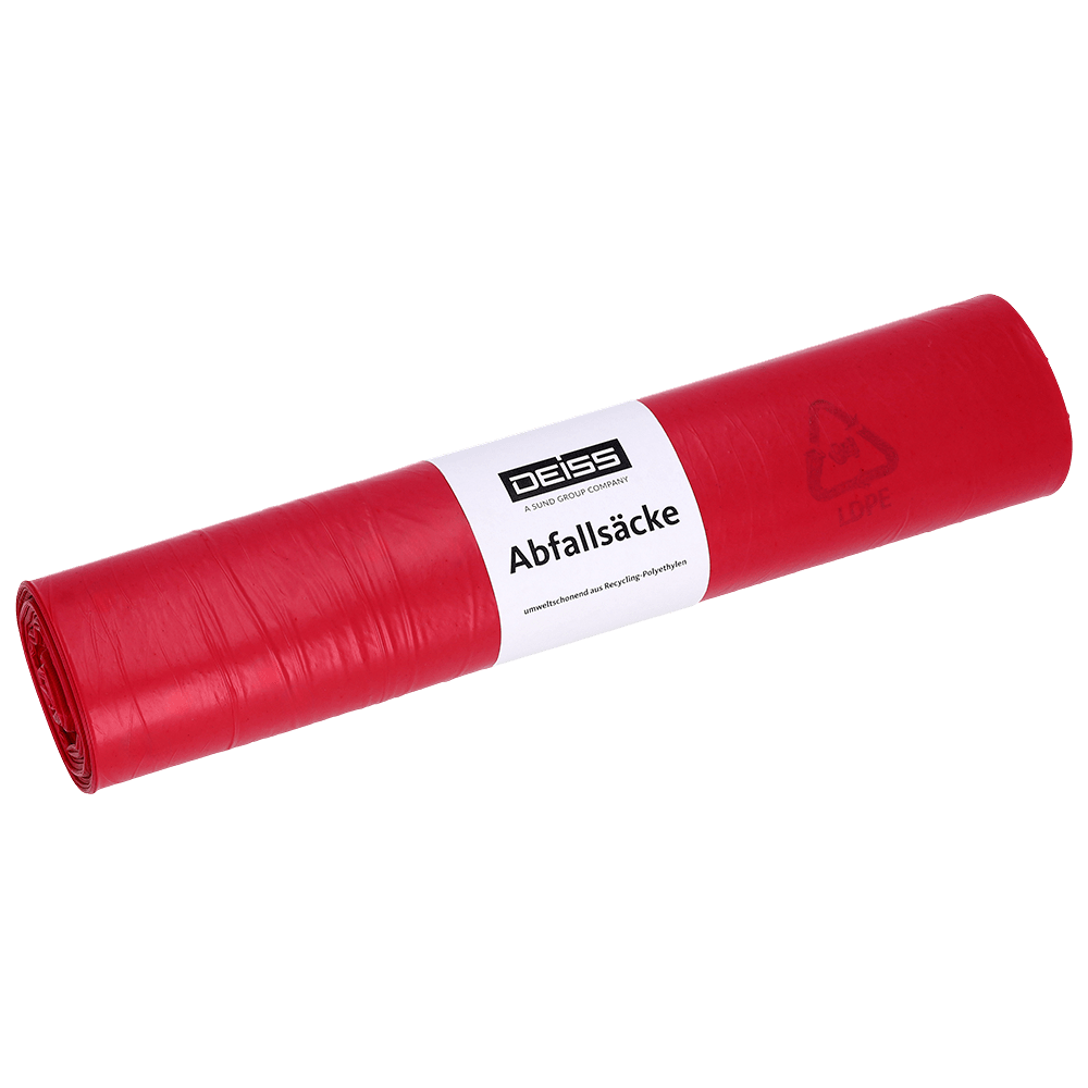 Un rotolo EMIL DEISS KG (GmbH + Co.) DEISS 21720 di sacchi per rifiuti, 575x1000 mm di colore rosso, 25 sacchi per rotolo, con etichetta bianca recante la scritta "DEISS Abfallsäcke" e i simboli di riciclaggio, raffigurati su uno sfondo bianco semplice.