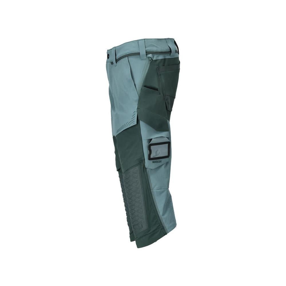 Pantalone tre quarti, tasche al ginocchio, pantalone tre quarti artigianale stretch, colore verde bosco chiaro/verde bosco