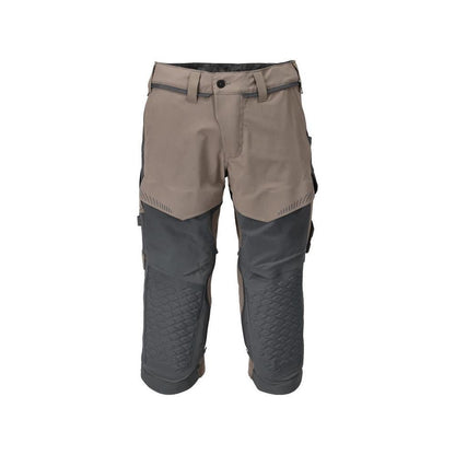 Pantalone tre quarti, tasche al ginocchio, pantalone tre quarti artigianale stretch, colore beige sabbia scuro/grigio antracite
