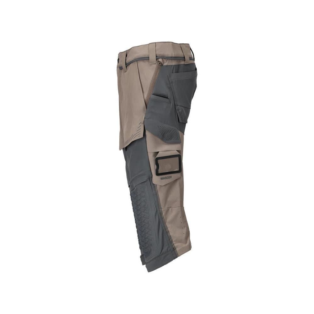 Pantalone tre quarti, tasche al ginocchio, pantalone tre quarti artigianale stretch, colore beige sabbia scuro/grigio antracite