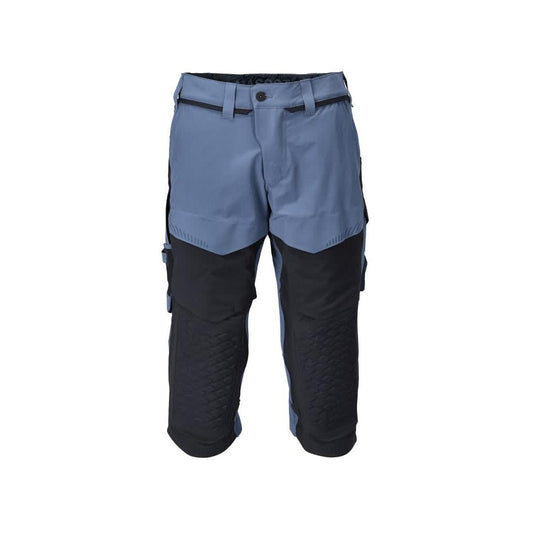 Pantalone tre quarti, tasche al ginocchio, pantalone tre quarti artigianale stretch, colore blu pietra/nero-blu
