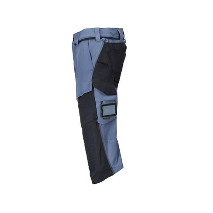 Pantalone tre quarti, tasche al ginocchio, pantalone tre quarti artigianale stretch, colore blu pietra/nero-blu