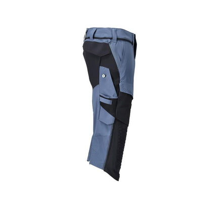 Pantalone tre quarti, tasche al ginocchio, pantalone tre quarti artigianale stretch, colore blu pietra/nero-blu