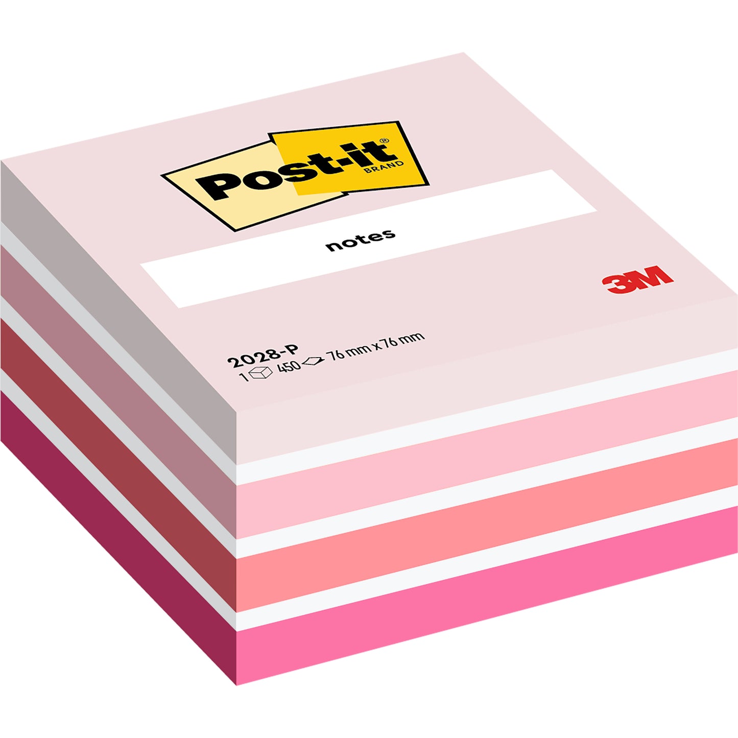 Un cubo di Post-it® Notes 3M, 76 x 76 mm, 450 fogli per blocco, in tonalità rosa con il logo 3M e "notes" sulla parte superiore; prodotto da 3M Deutschland GmbH, certificato 100% PEFC.