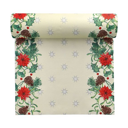 Un prodotto della PAPSTAR GmbH, il runner da tavola Airlaid "Winterly" in un rotolo di 24 m x 40 cm, ha uno sfondo color crema decorato ai bordi con motivi di fiori e pigne. Questo design è ispirato al design Winterly e include fiori rossi, foglie verdi, pigne e piccole stelle per creare un tema festivo e accogliente per le vacanze.