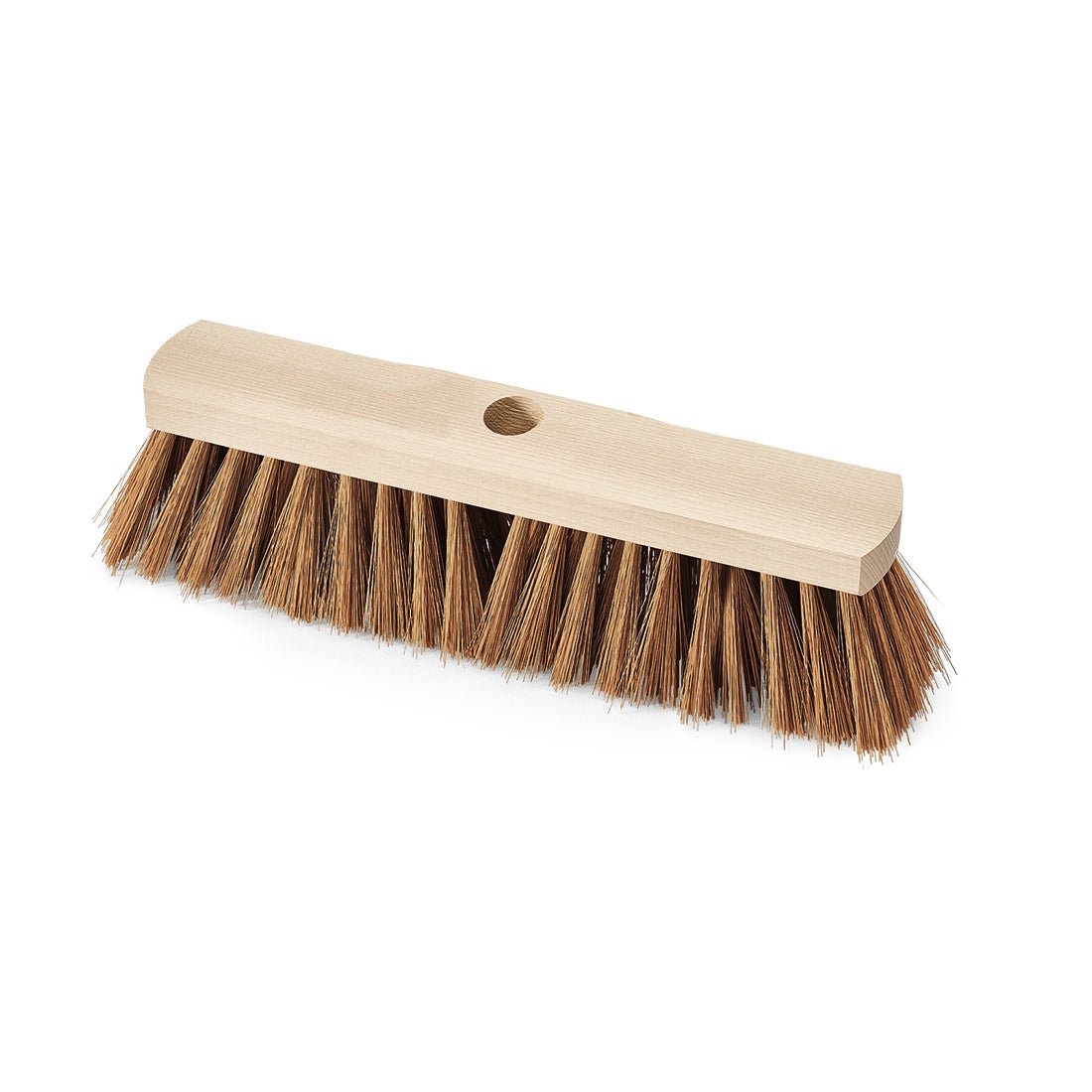 La spazzola industriale Nölle Profi Brush 30 cm Polykokos con foro per manico di Nölle Profi Brush Bürsten- & Pinseltechnik e.K. è una testa di scopa in legno con setole rigide marroni e un foro centrale per il fissaggio del manico, ideale per l'uso industriale pesante.
