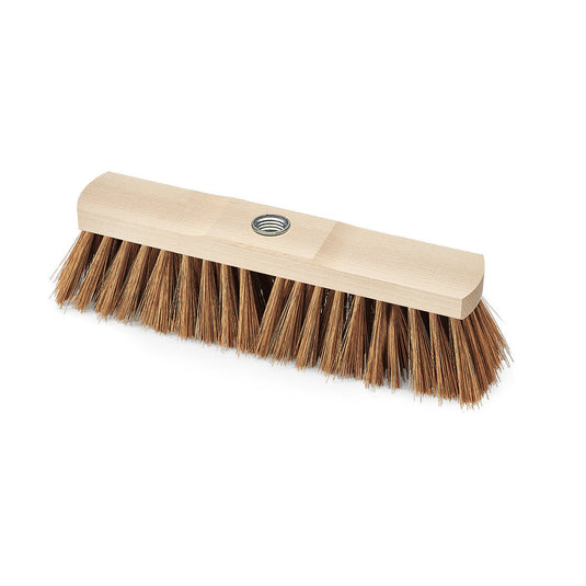 La scopa industriale Nölle Profi Brush da 30 cm, in poliestere-cocco con attacco filettato per manico, prodotta da Nölle Profi Brush Bürsten- & Pinseltechnik e.K., presenta setole rigide di colore marrone e un foro filettato centrale per il fissaggio del manico, raffigurata su sfondo bianco.
